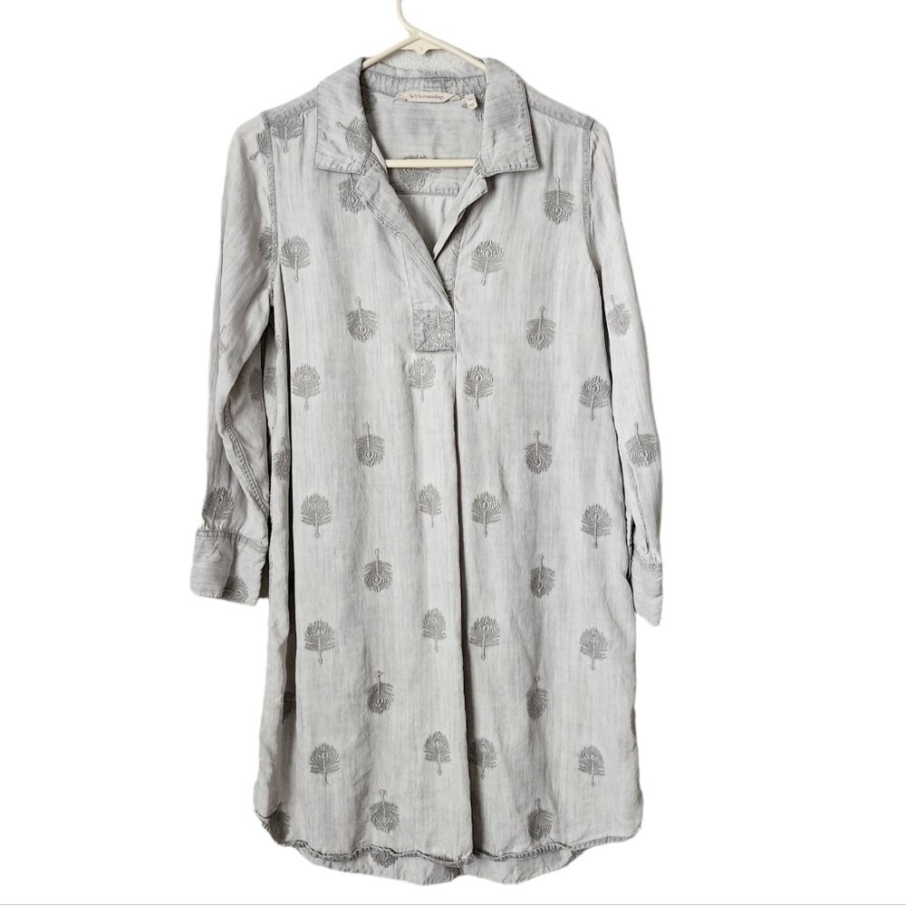 SOFT SURROUNDINGS Chambray shirt dress peacock print tunic top in grey PS
